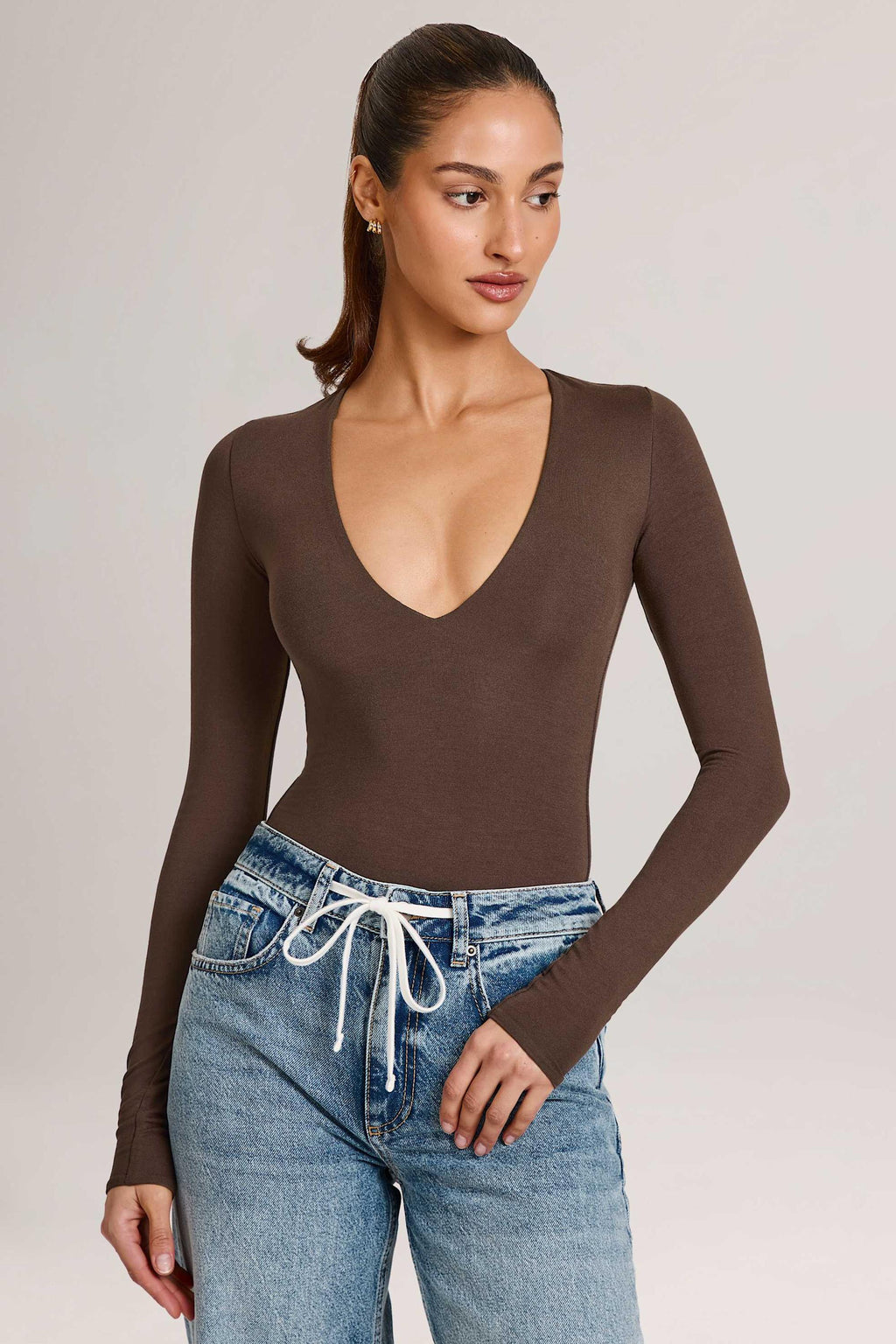 Chic Modal Plunge Long-Sleeve Bodysuit in Chocolate Brown