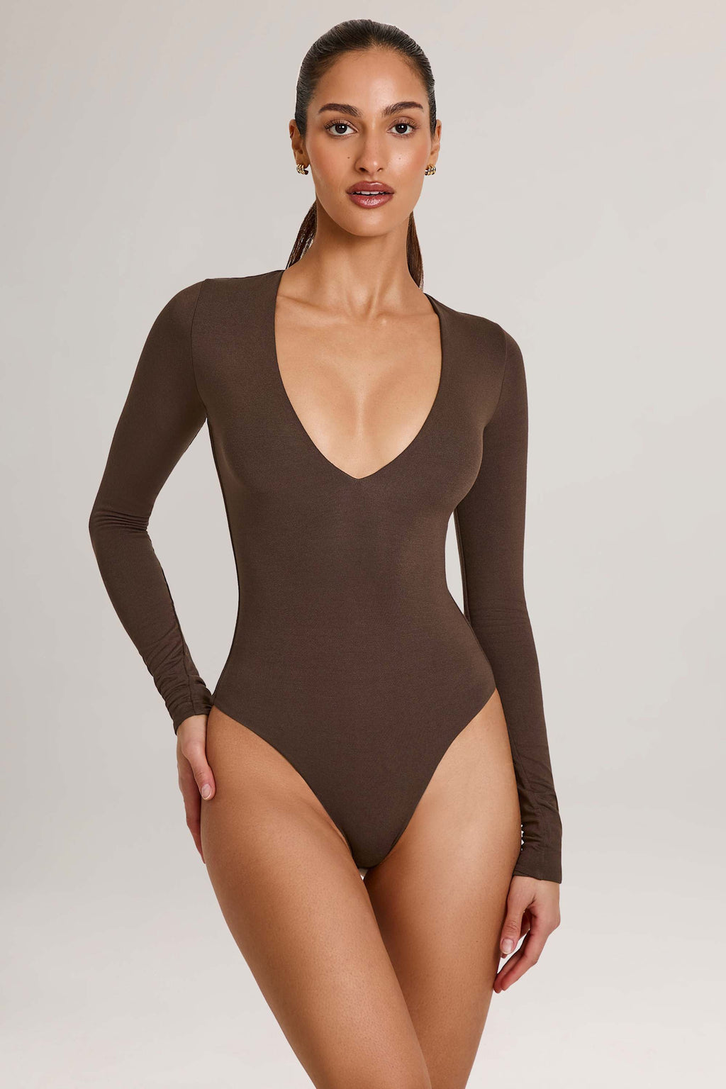 Chic Modal Plunge Long-Sleeve Bodysuit in Chocolate Brown