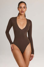 Chic Modal Plunge Long-Sleeve Bodysuit in Chocolate Brown