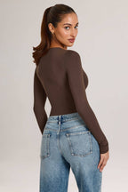 Chic Modal Plunge Long-Sleeve Bodysuit in Chocolate Brown
