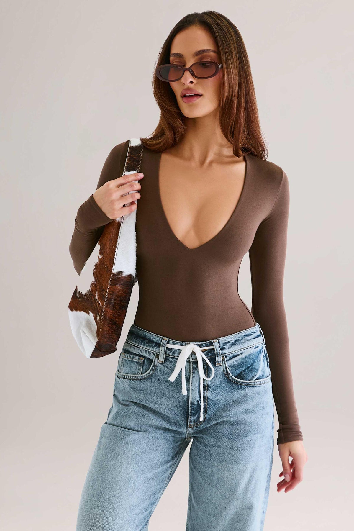 Chic Modal Plunge Long-Sleeve Bodysuit in Chocolate Brown