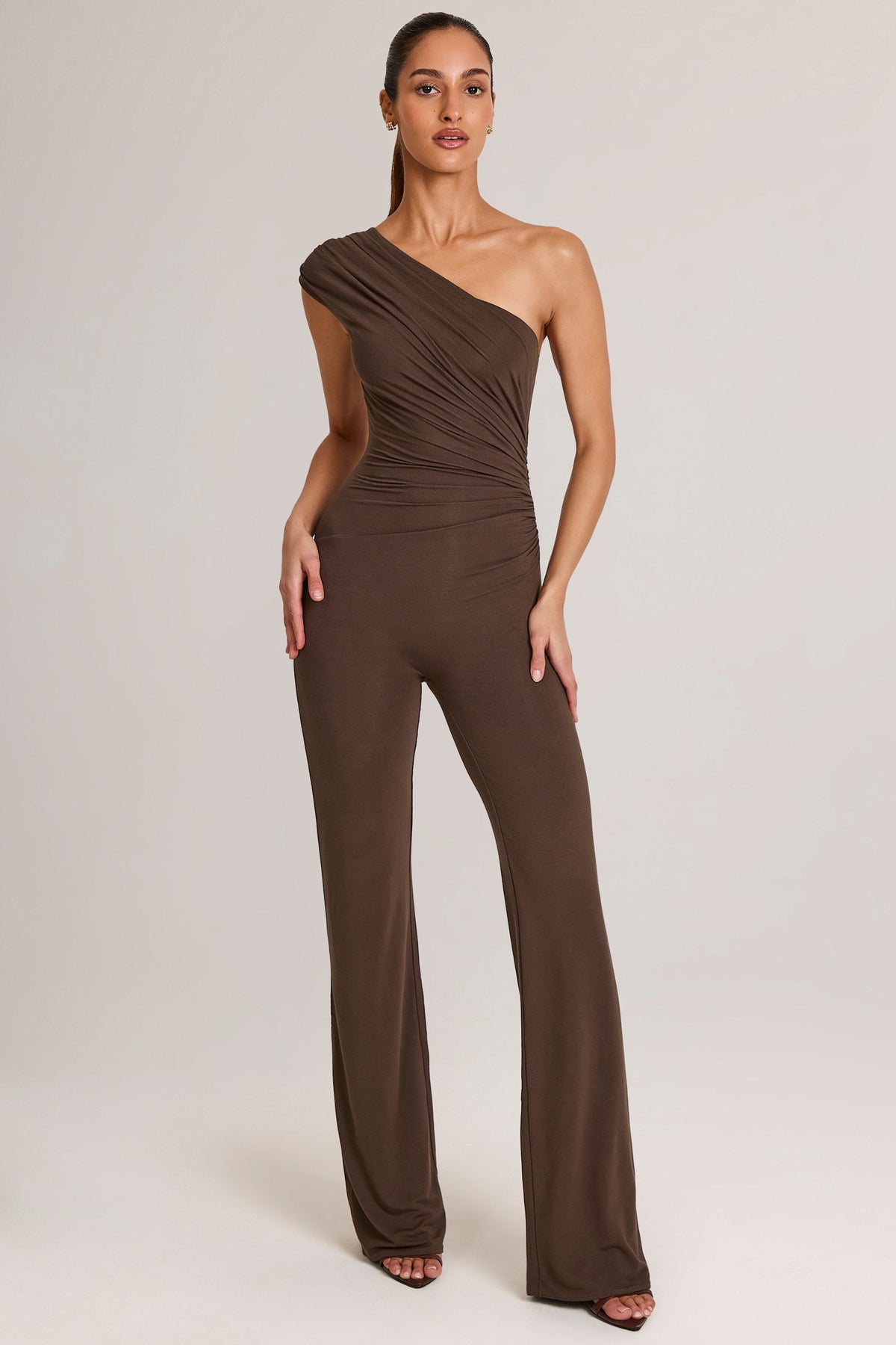 Chic Modal One-Shoulder Jumpsuit in Chocolate Brown