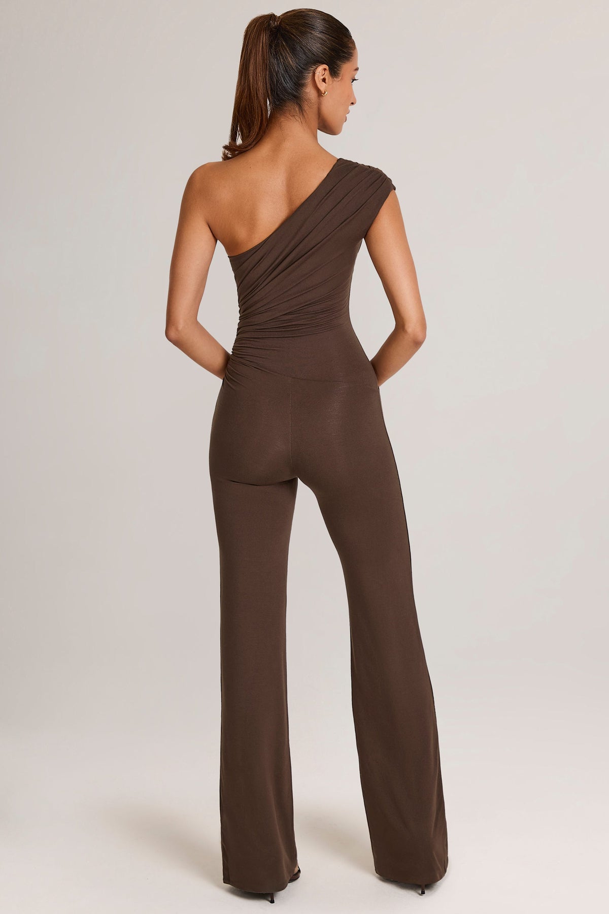 Chic Modal One-Shoulder Jumpsuit in Chocolate Brown