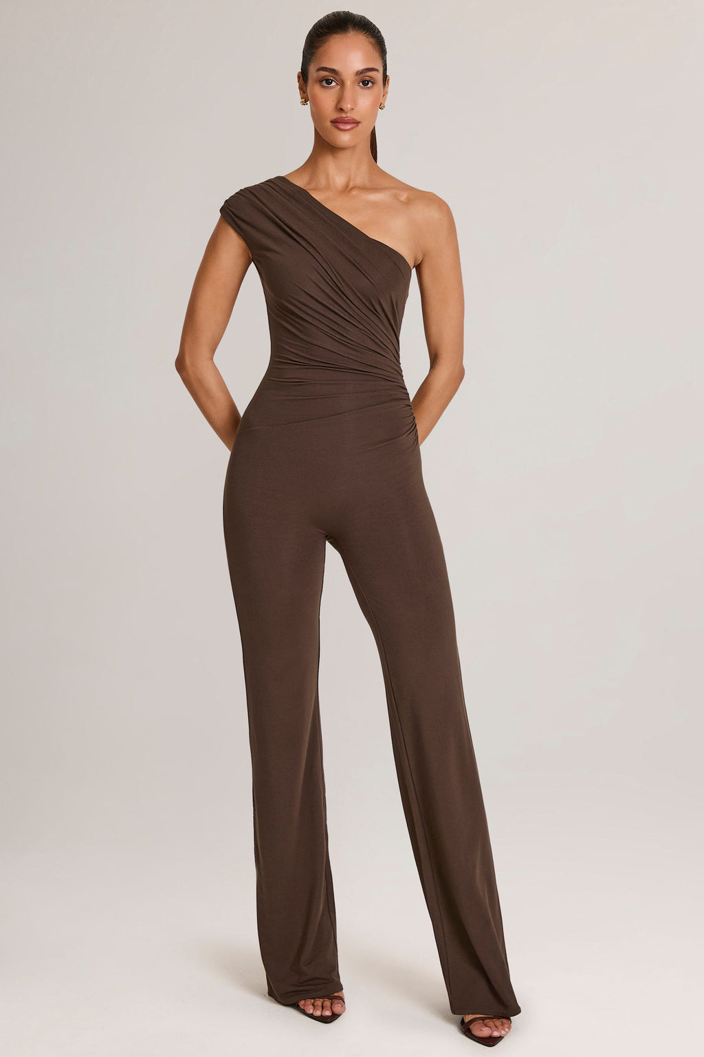 Chic Modal One-Shoulder Jumpsuit in Chocolate Brown