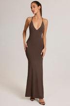 Chic Modal Plunge Backless Maxi Dress in Chocolate Brown