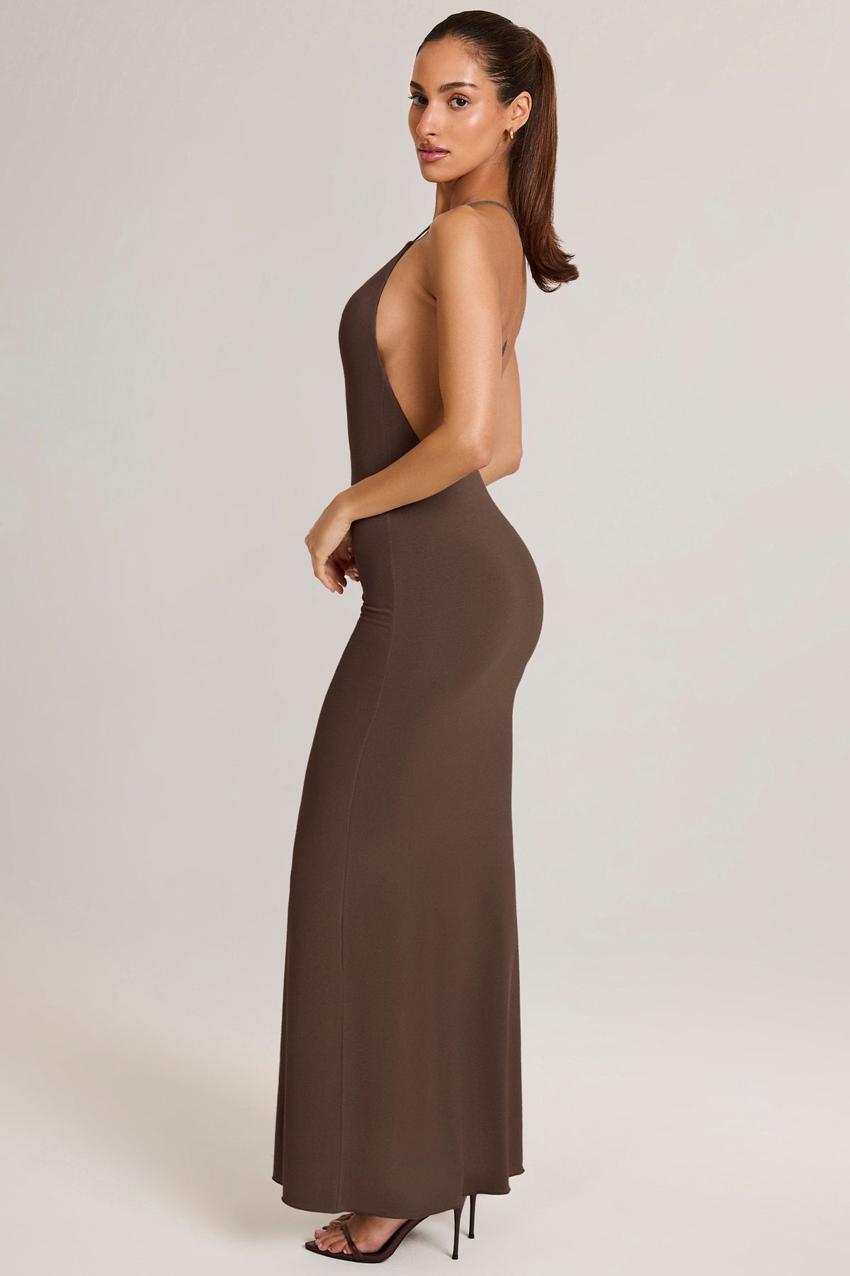 Chic Modal Plunge Backless Maxi Dress in Chocolate Brown
