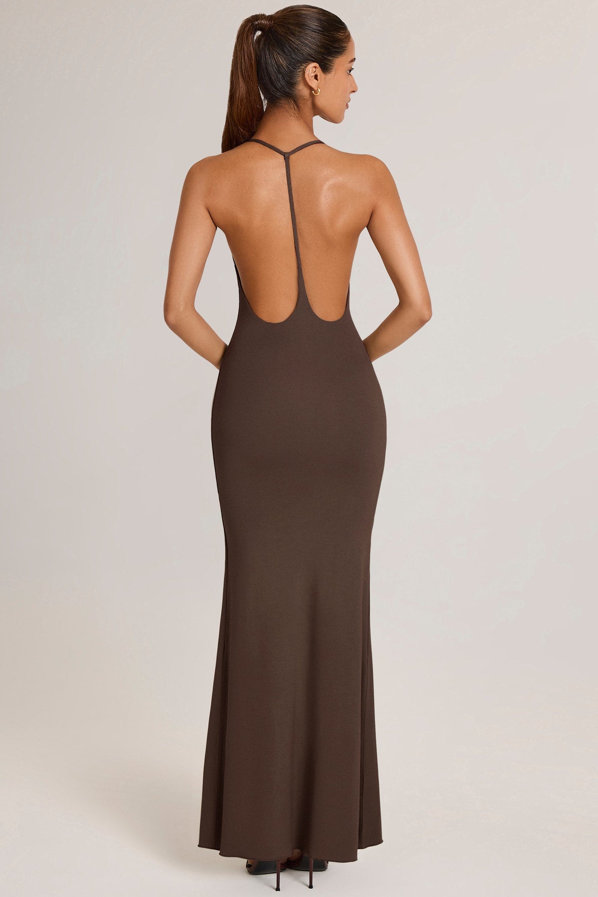 Chic Modal Plunge Backless Maxi Dress in Chocolate Brown