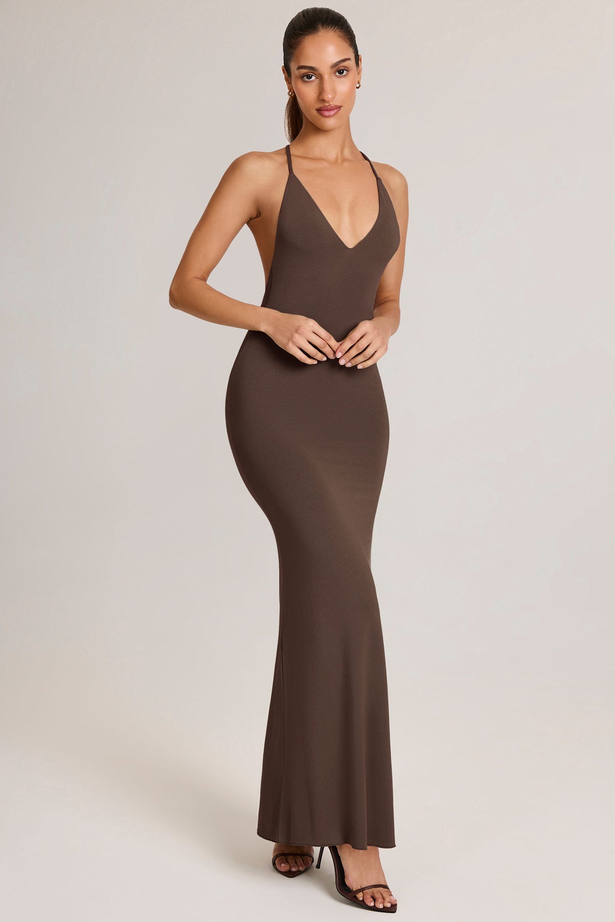 Chic Modal Plunge Backless Maxi Dress in Chocolate Brown
