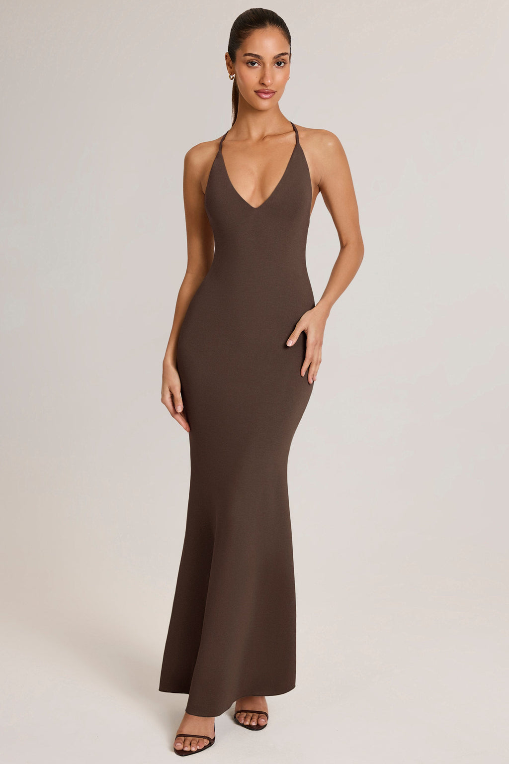 Chic Modal Plunge Backless Maxi Dress in Chocolate Brown
