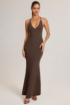 Chic Modal Plunge Backless Maxi Dress in Chocolate Brown