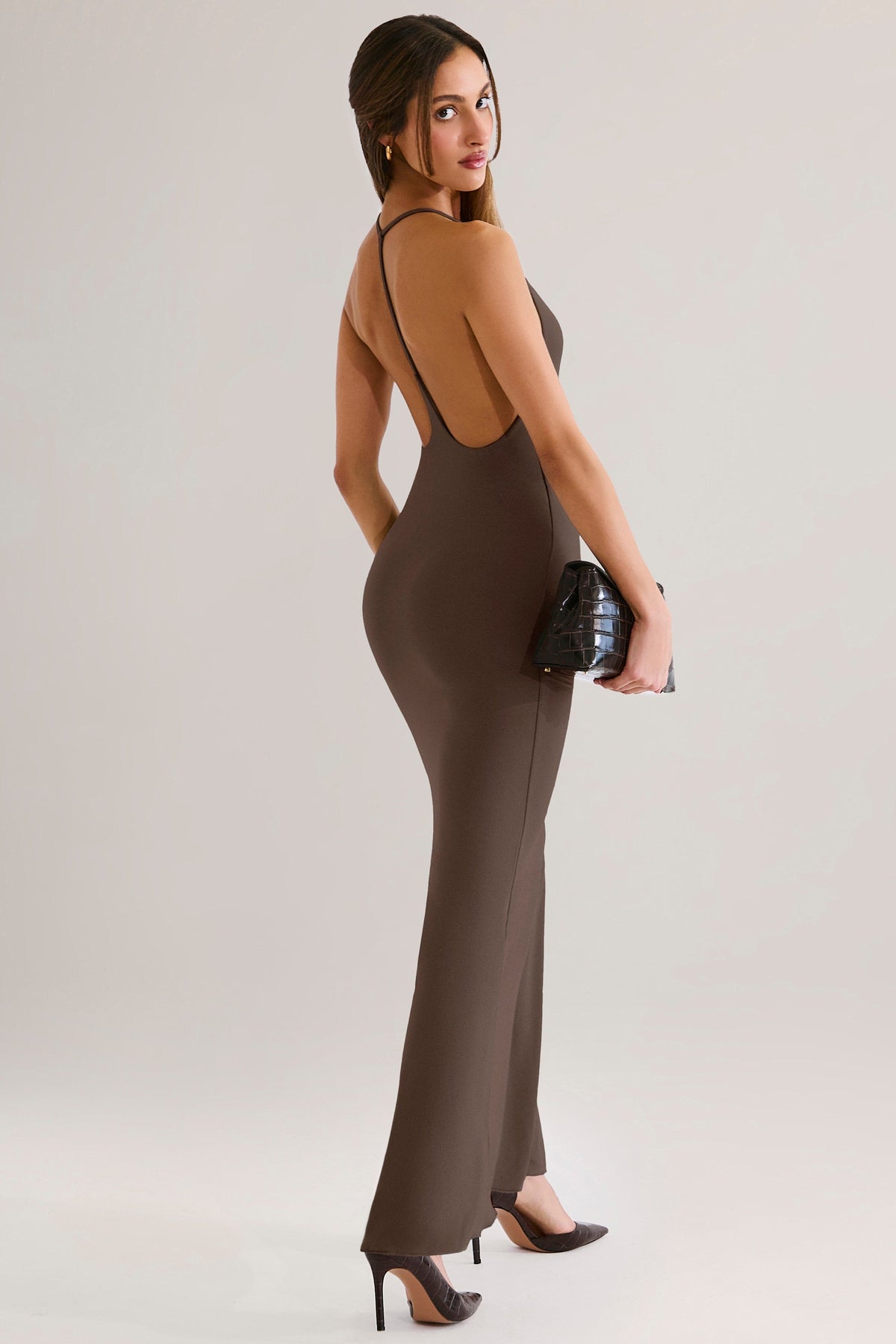 Chic Modal Plunge Backless Maxi Dress in Chocolate Brown