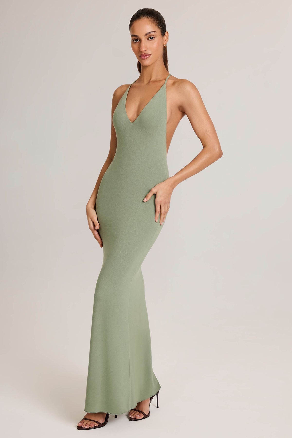 Chic Modal Plunge Backless Maxi Dress in Sage Green
