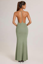 Chic Modal Plunge Backless Maxi Dress in Sage Green