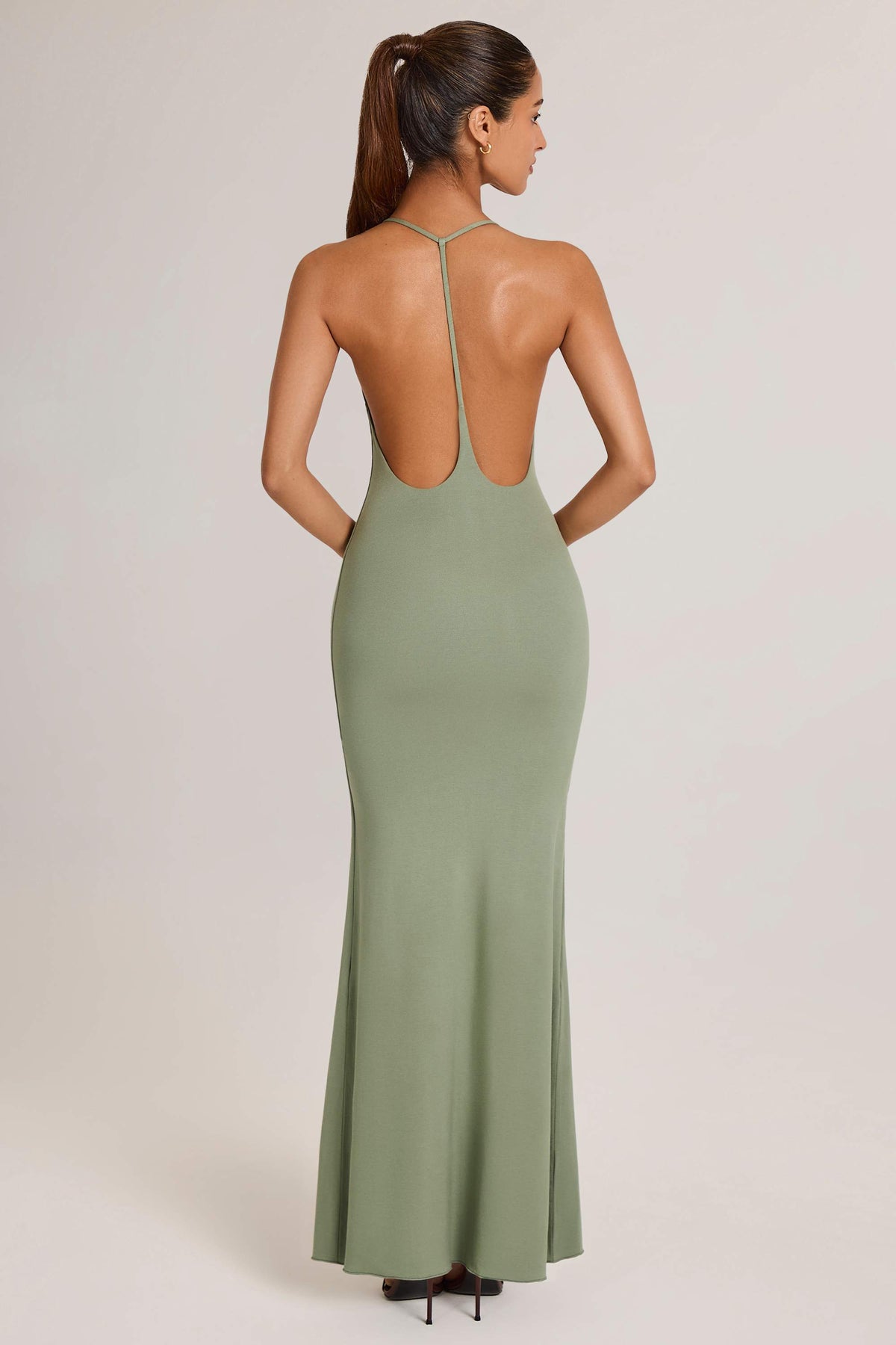 Chic Modal Plunge Backless Maxi Dress in Sage Green