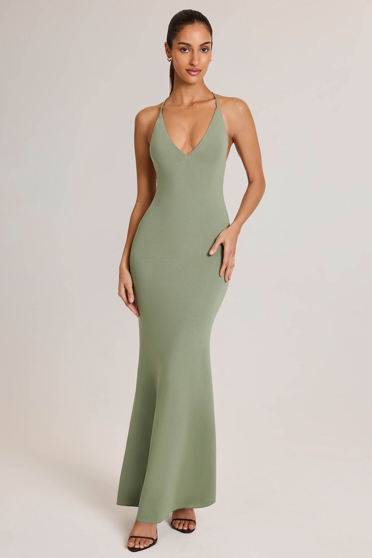 Chic Modal Plunge Backless Maxi Dress in Sage Green