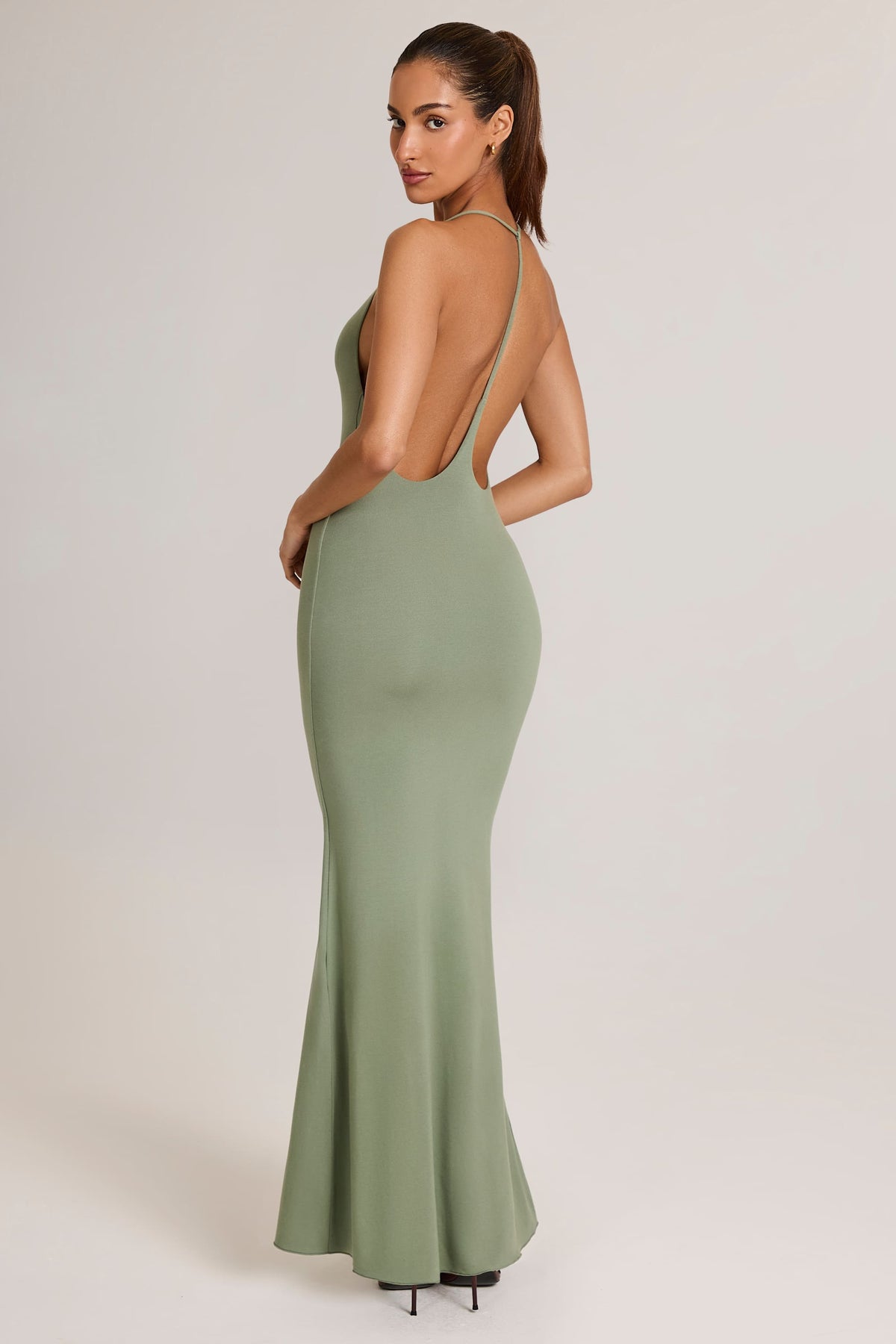 Chic Modal Plunge Backless Maxi Dress in Sage Green