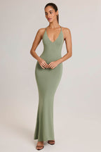 Chic Modal Plunge Backless Maxi Dress in Sage Green