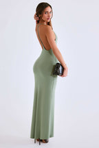 Chic Modal Plunge Backless Maxi Dress in Sage Green