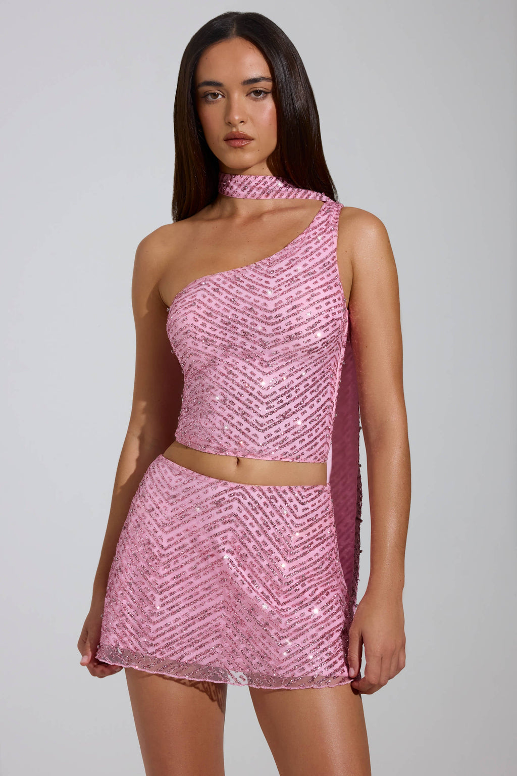Chic Embellished Asymmetric Scarf-Detail Top in Pink