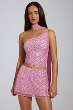 Chic Embellished Asymmetric Scarf-Detail Top in Pink
