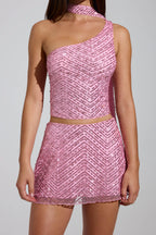 Chic Embellished Asymmetric Scarf-Detail Top in Pink