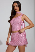 Chic Embellished Asymmetric Scarf-Detail Top in Pink