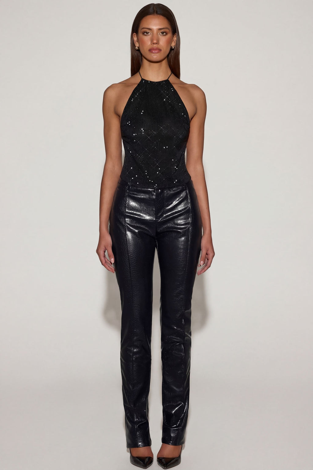 Chic Faux Croc-Leather Straight-Leg Trousers in Black