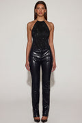 Chic Faux Croc-Leather Straight-Leg Trousers in Black