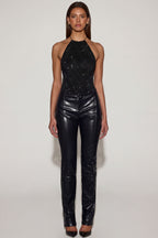 Chic Faux Croc-Leather Straight-Leg Trousers in Black