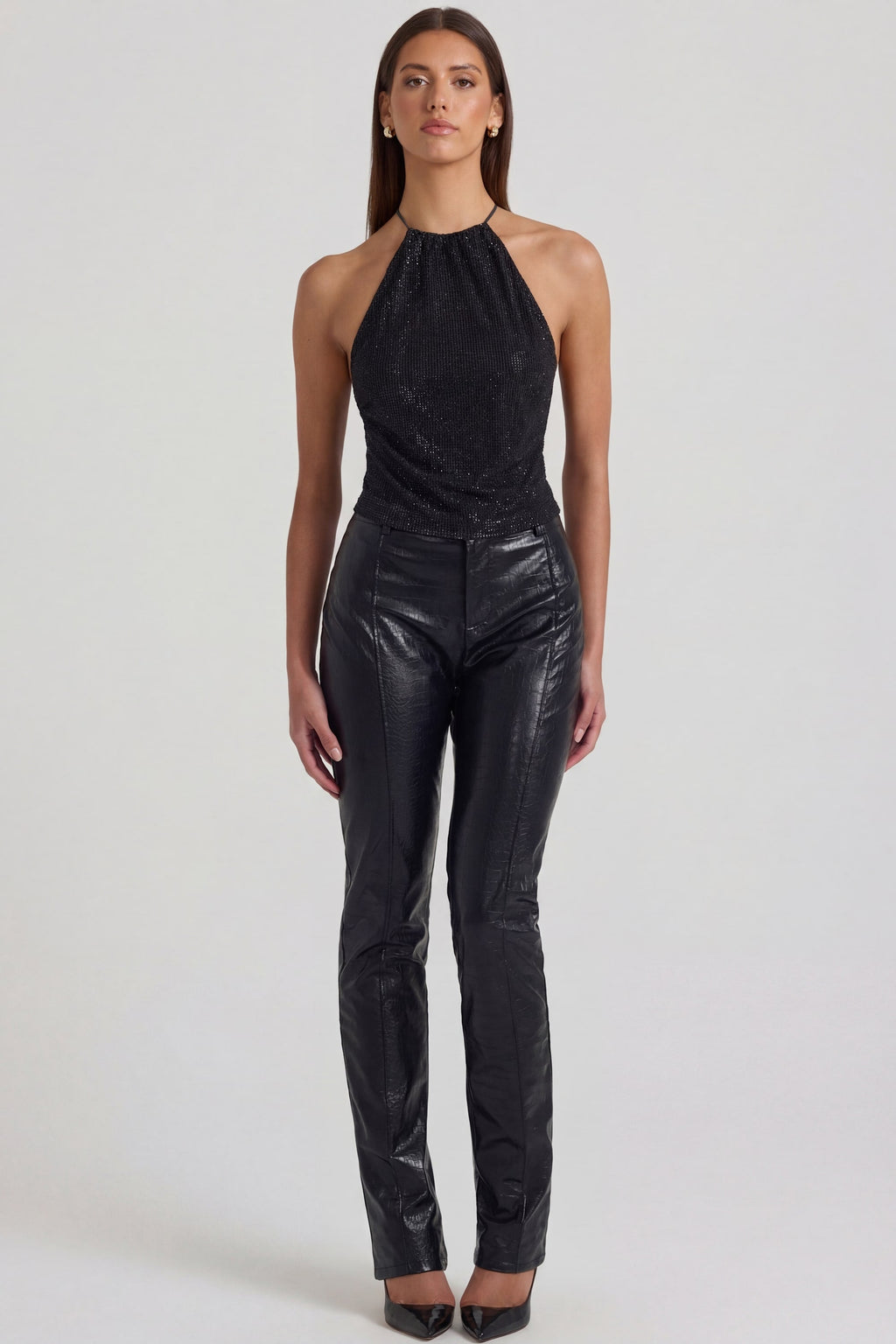 Chic Faux Croc-Leather Straight-Leg Trousers in Black