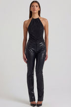 Chic Faux Croc-Leather Straight-Leg Trousers in Black