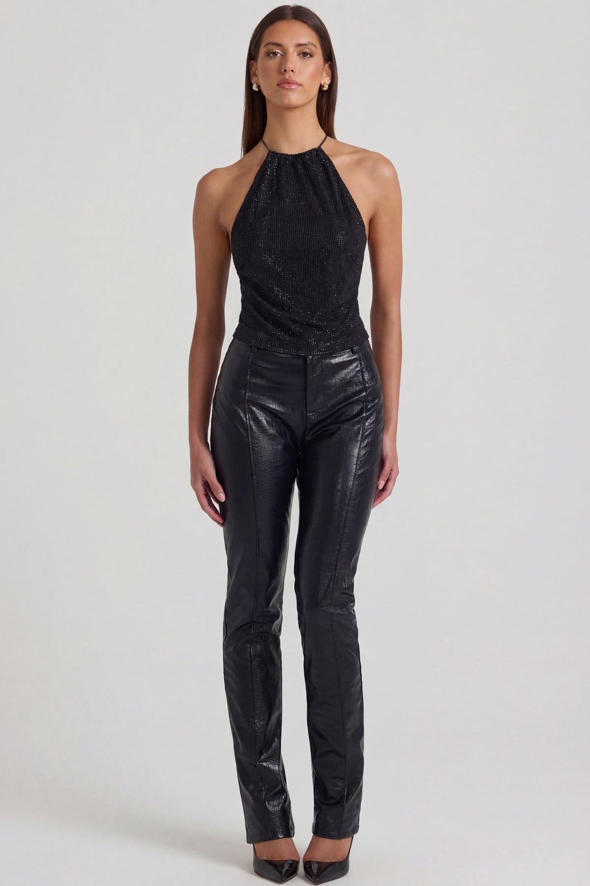 Chic Faux Croc-Leather Straight-Leg Trousers in Black