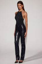 Chic Faux Croc-Leather Straight-Leg Trousers in Black