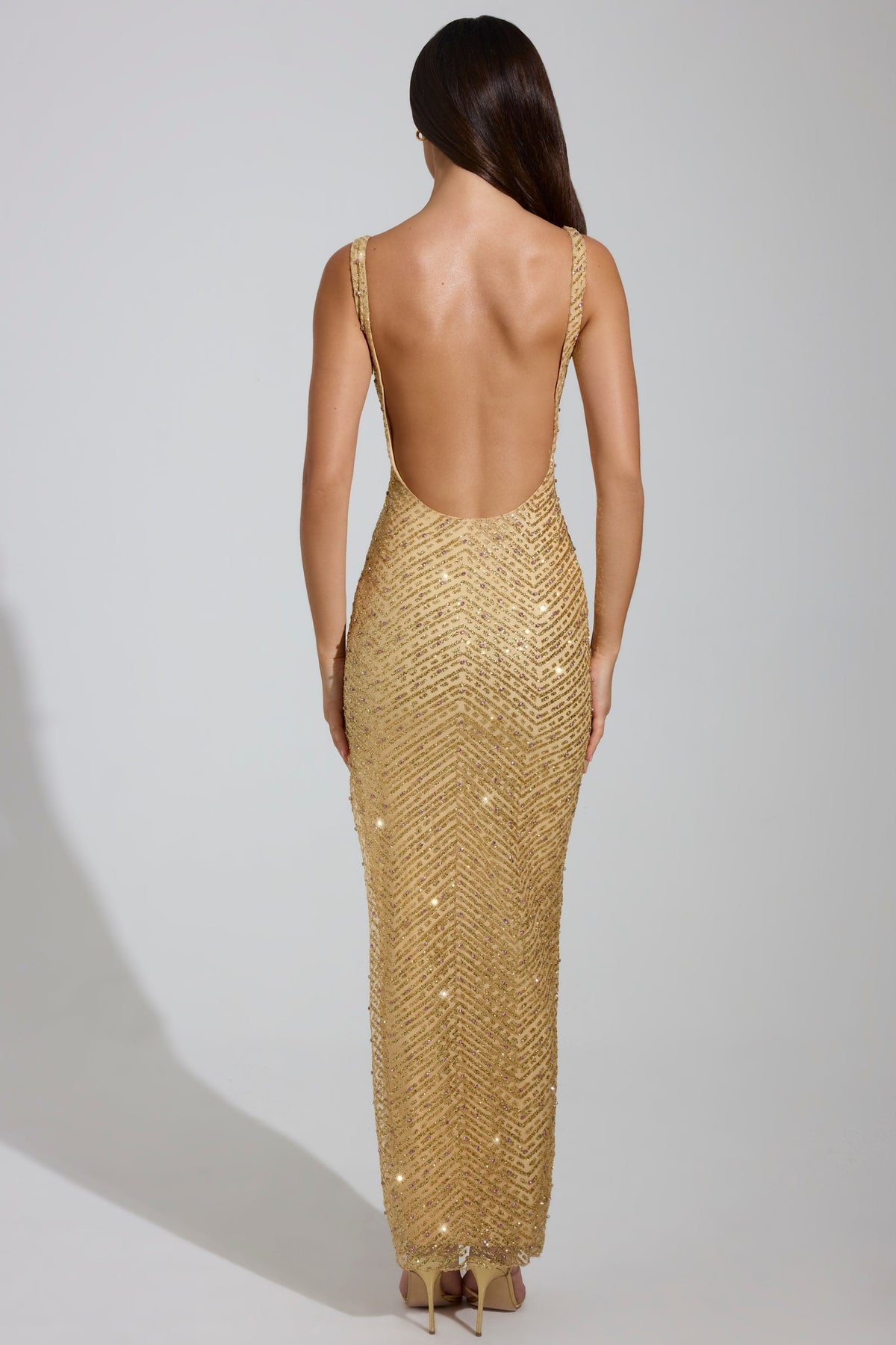 Chic Embellished Scoop-Neck Thigh-Split Maxi Dress in Gold