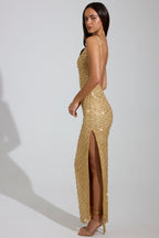 Chic Embellished Scoop-Neck Thigh-Split Maxi Dress in Gold