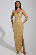 Chic Embellished Scoop-Neck Thigh-Split Maxi Dress in Gold