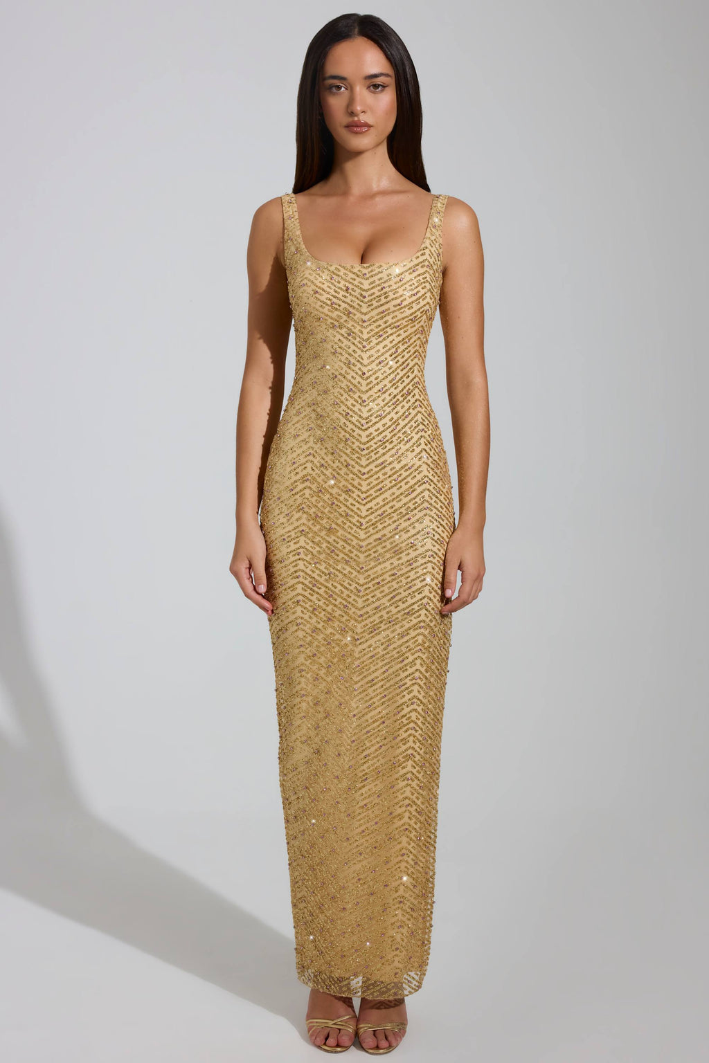 Chic Embellished Scoop-Neck Thigh-Split Maxi Dress in Gold