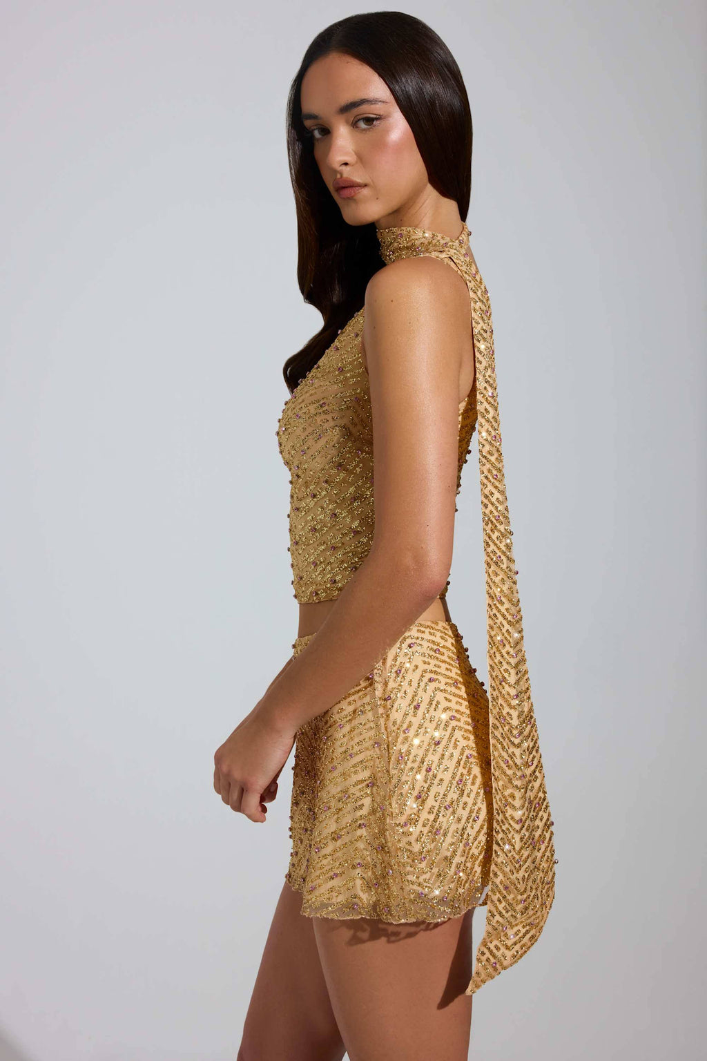 Chic Embellished Low-Rise A-Line Micro Mini Skirt in Gold