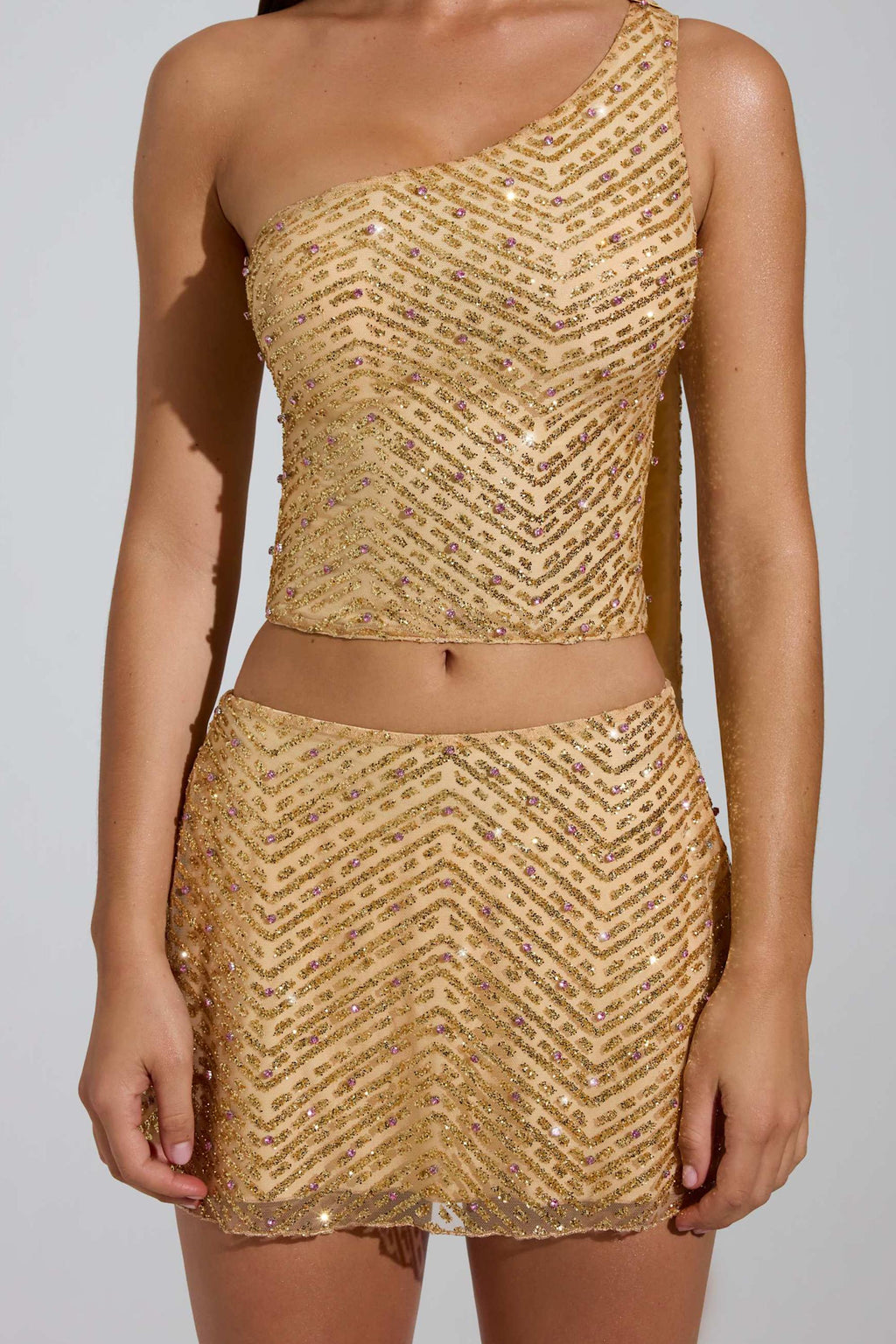 Chic Embellished Low-Rise A-Line Micro Mini Skirt in Gold
