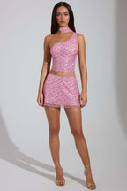 Chic Embellished Low-Rise A-Line Micro Mini Skirt in Pink
