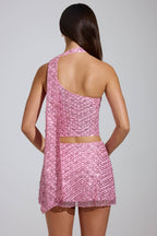 Chic Embellished Low-Rise A-Line Micro Mini Skirt in Pink