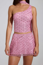 Chic Embellished Low-Rise A-Line Micro Mini Skirt in Pink