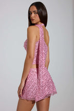 Chic Embellished Low-Rise A-Line Micro Mini Skirt in Pink