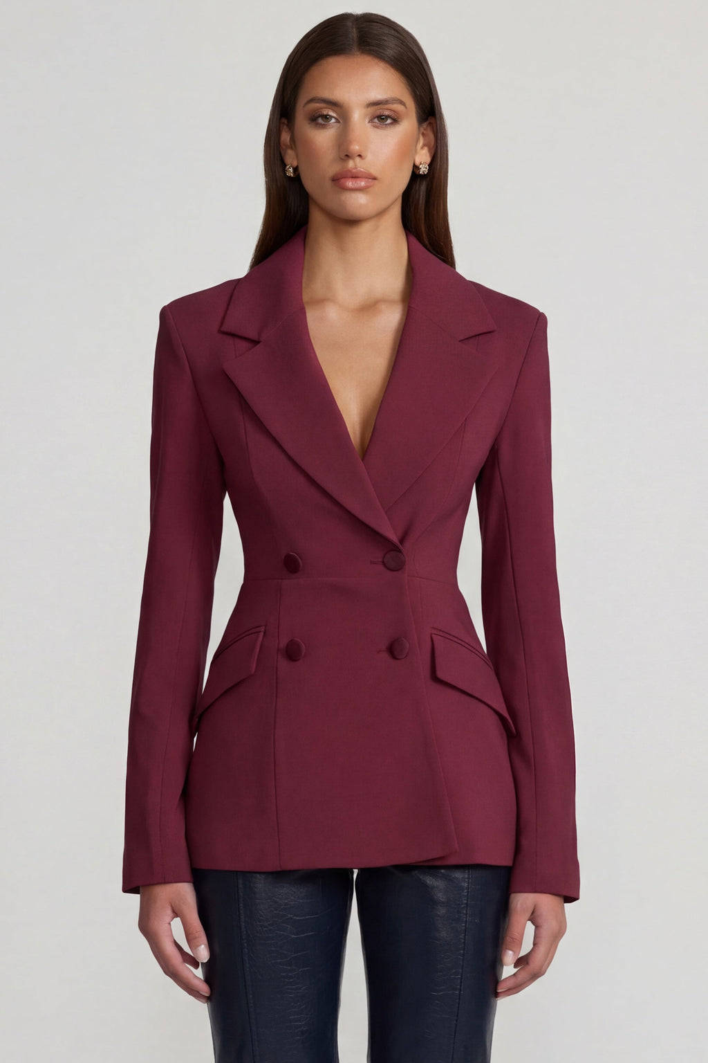 Chic Structured Double-Breasted Blazer in Burgundy