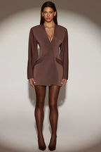 Chic Single-Breasted Blazer Mini Dress in Chocolate Brown