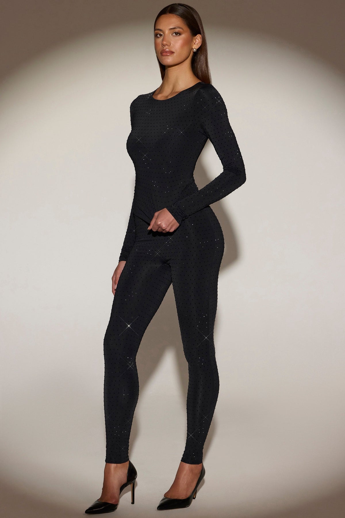 Chic Embellished Jersey High-Waisted Leggings in Black