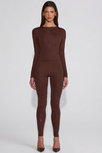 Chic Embellished Jersey High-Waisted Leggings in Chocolate Brown