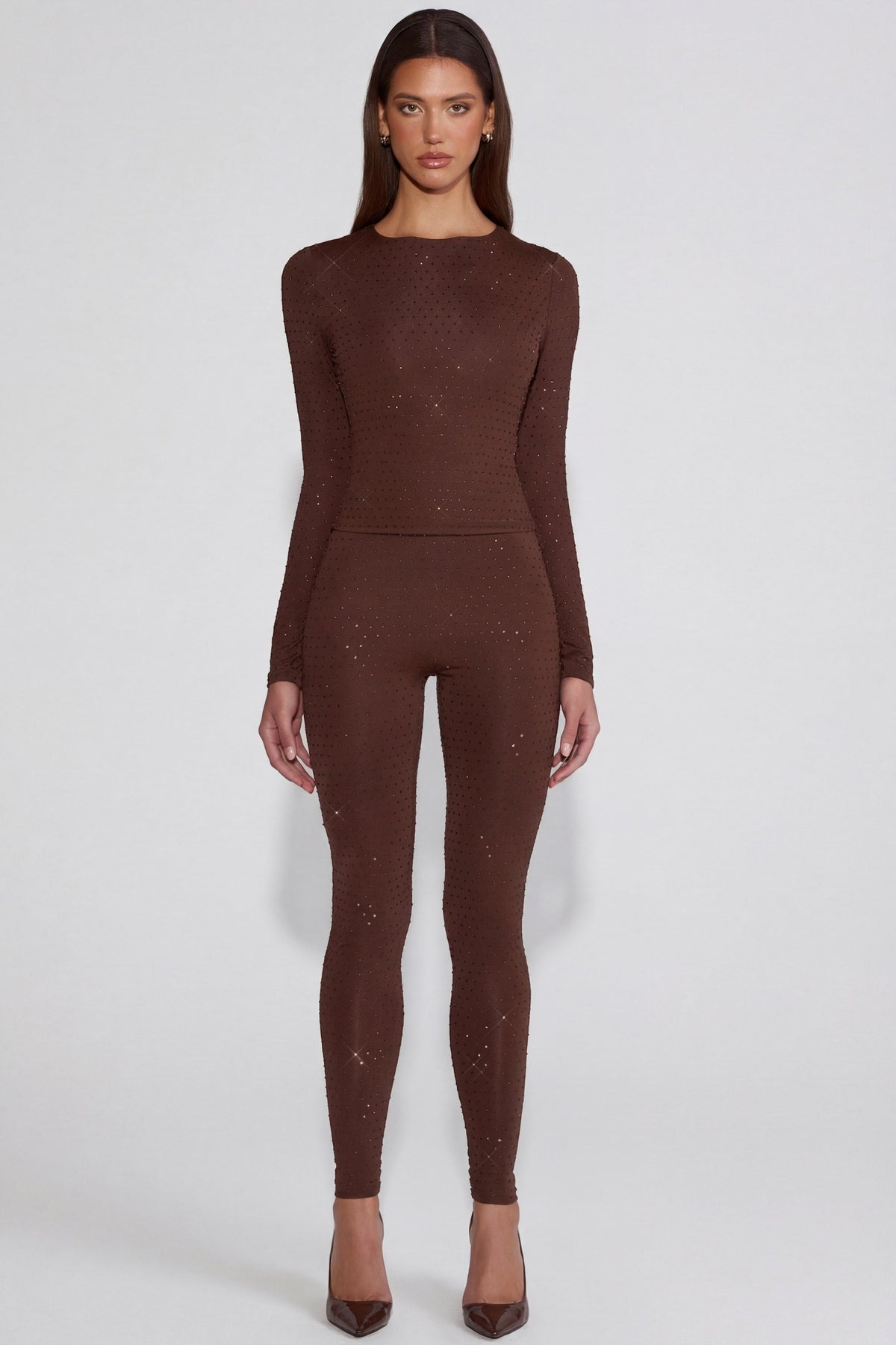 Chic Embellished Jersey High-Waisted Leggings in Chocolate Brown