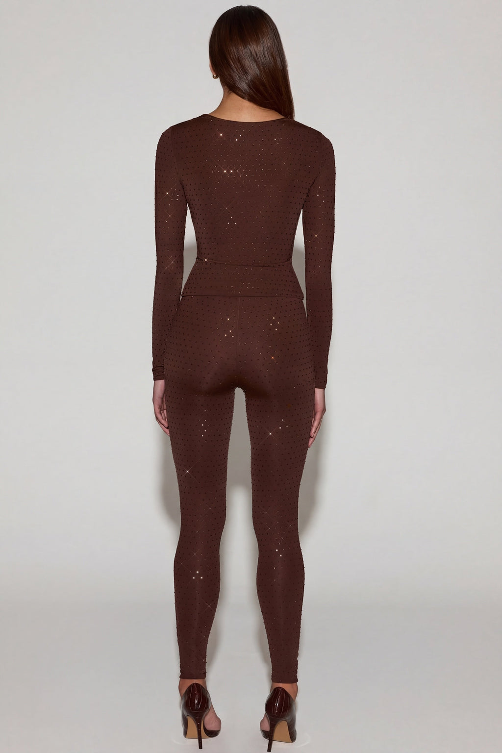 Chic Embellished Jersey High-Waisted Leggings in Chocolate Brown