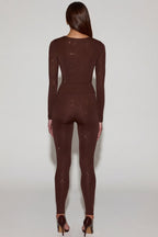Chic Embellished Jersey High-Waisted Leggings in Chocolate Brown